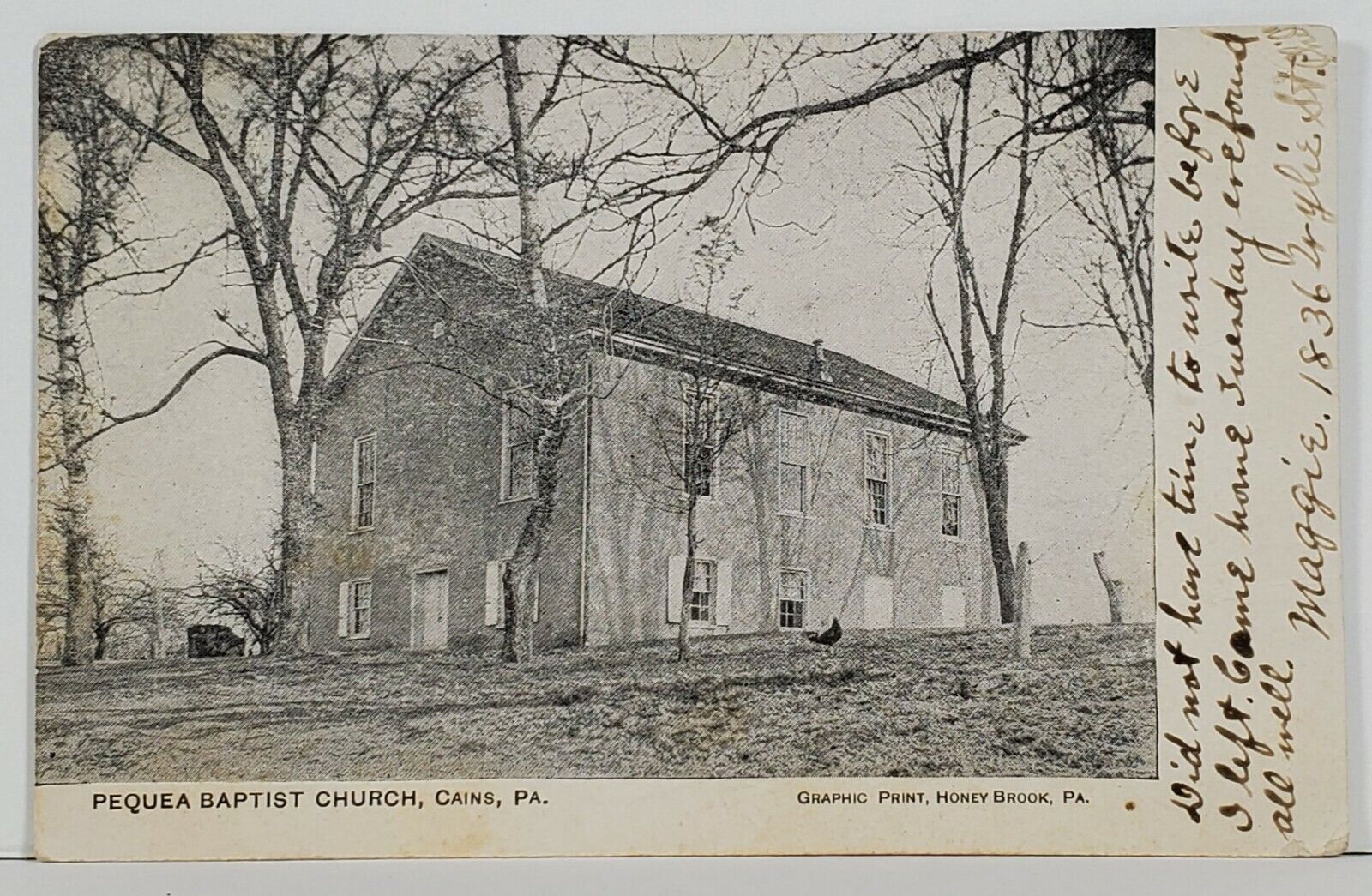 Lancaster, Cains Pa., Pequea Baptist Church 1908 to Germantown Pa Postcard N6