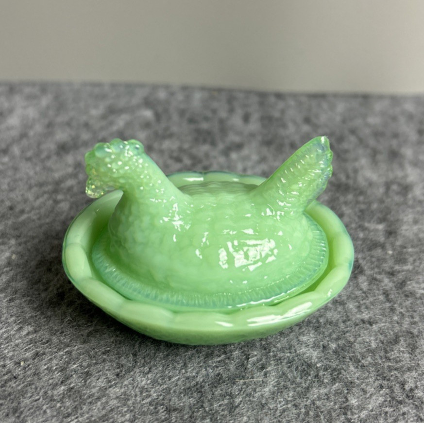 Mini Hen On Nest Jadeite Green Salt Cellar Chicken Depression Style Glass Dish