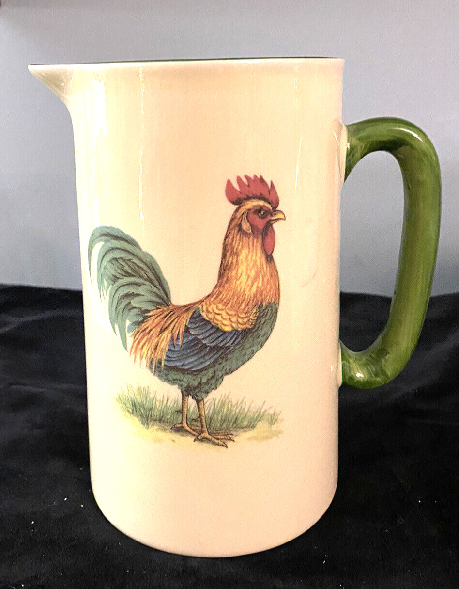 Vintage Heron Cross Pottery Pitcher Stoke On Trent,Green Handle & Chicken Pictur