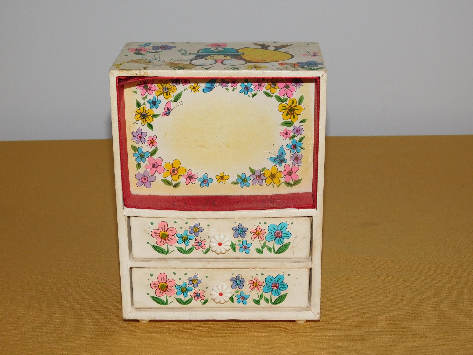 VINTAGE TOY LITTLE GIRL FLOWERS SUNRISE SUNSET MUSICAL JEWELRY BOX