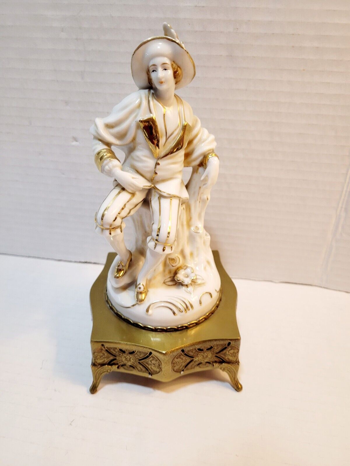 Antique Vintage Porcelain Brass Figurine Hand Painted Music Box French 1930's 