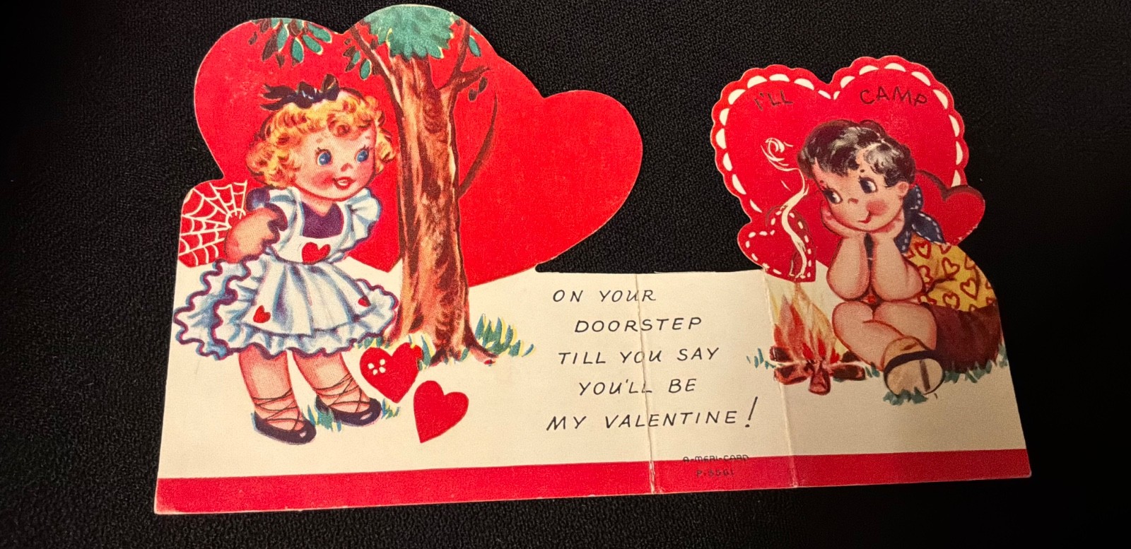 Vintage Boy At Camp Fire Waiting for his valentine Card c. 1940s A-meri-card Vintage Boy At Camp Fire Waiting for his valentine Card c. 1940s A-meri-card