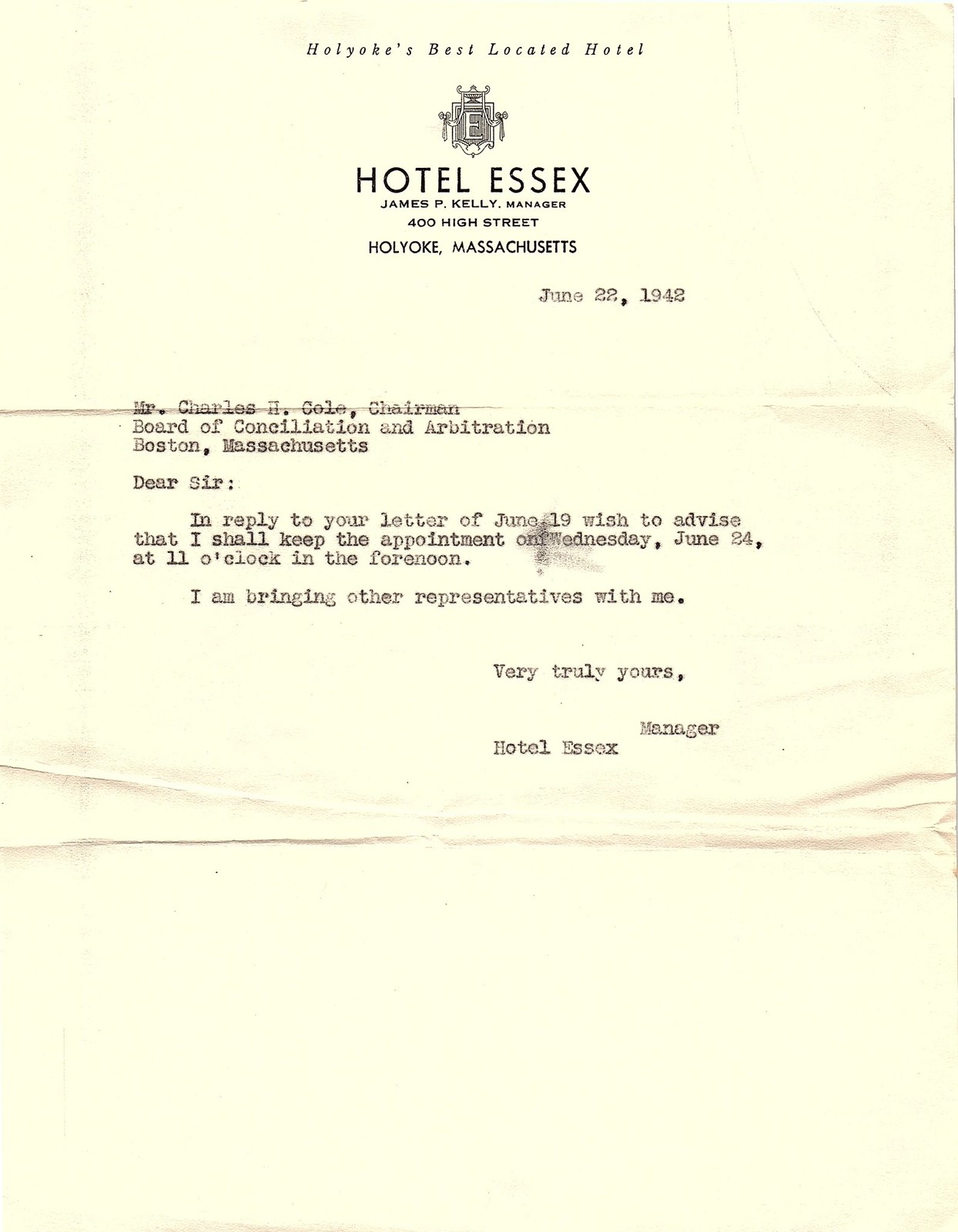 Vintage 1942 Hotel Essex Holyoke MA business letter
