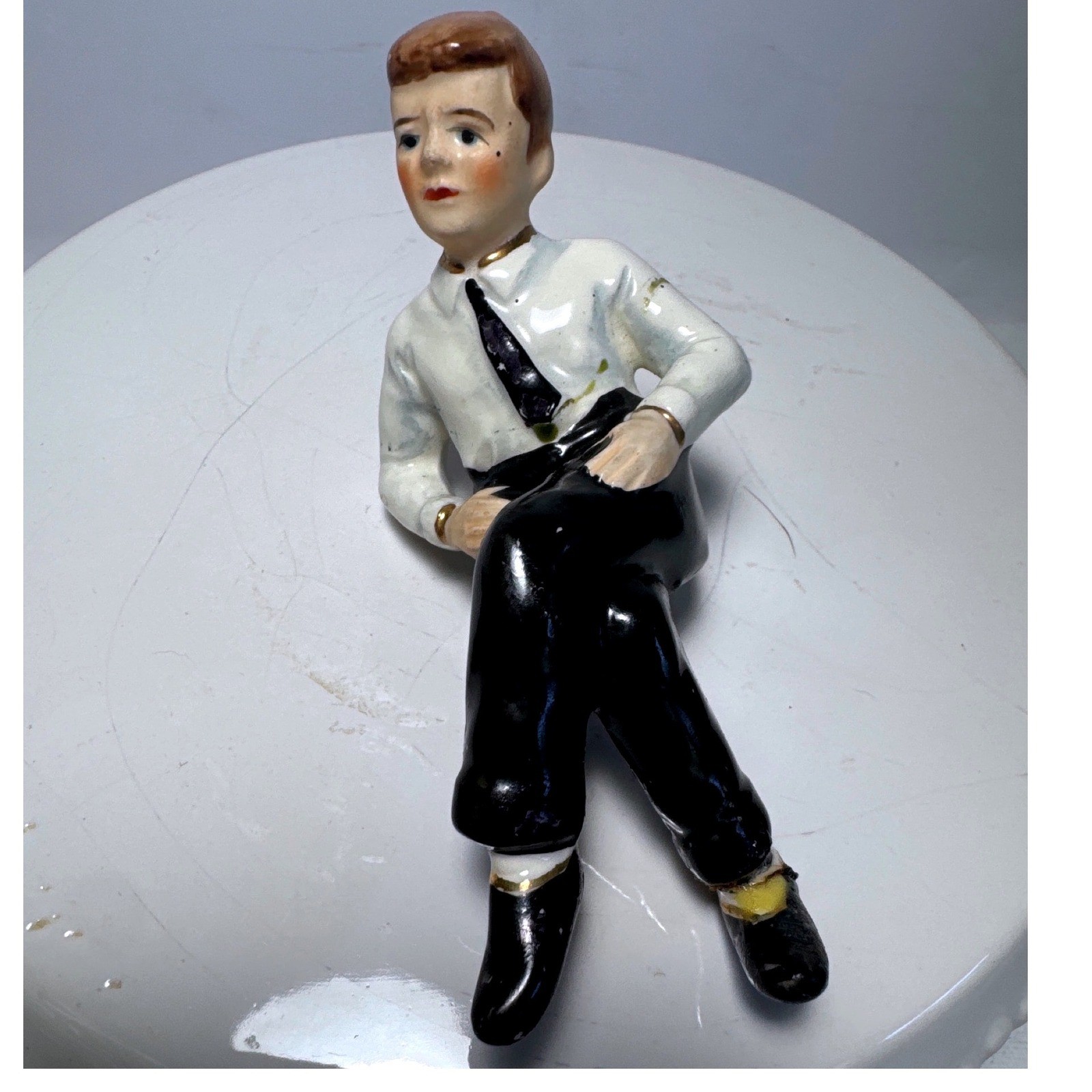 Vintage Ceramic Seated Boy Salt Pepper Shaker White Black Gold Figural Repaired