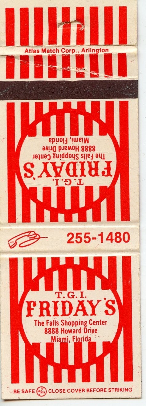 T G I Fridays, Miami, Florida   Matchbook