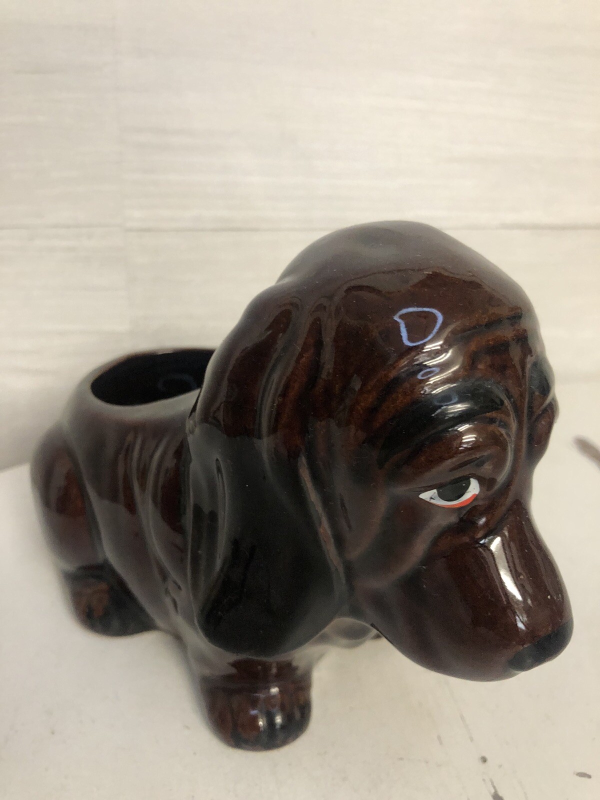 Vintage Ceramic Basset Hound Dog Planter Brown Glazed Collectible 7x5x3.5
