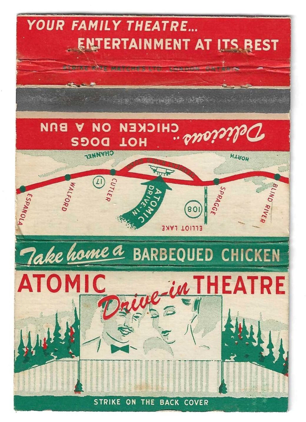 VINTAGE ONTARIO CA ATOMIC DRIVE IN MOVIE THEATRE MATCHBOOK COVER SPRAGGE