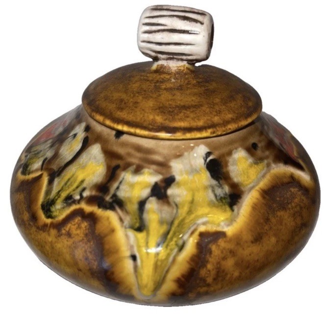 Bitossi style pottery canister lidded vessel dish drip glaze