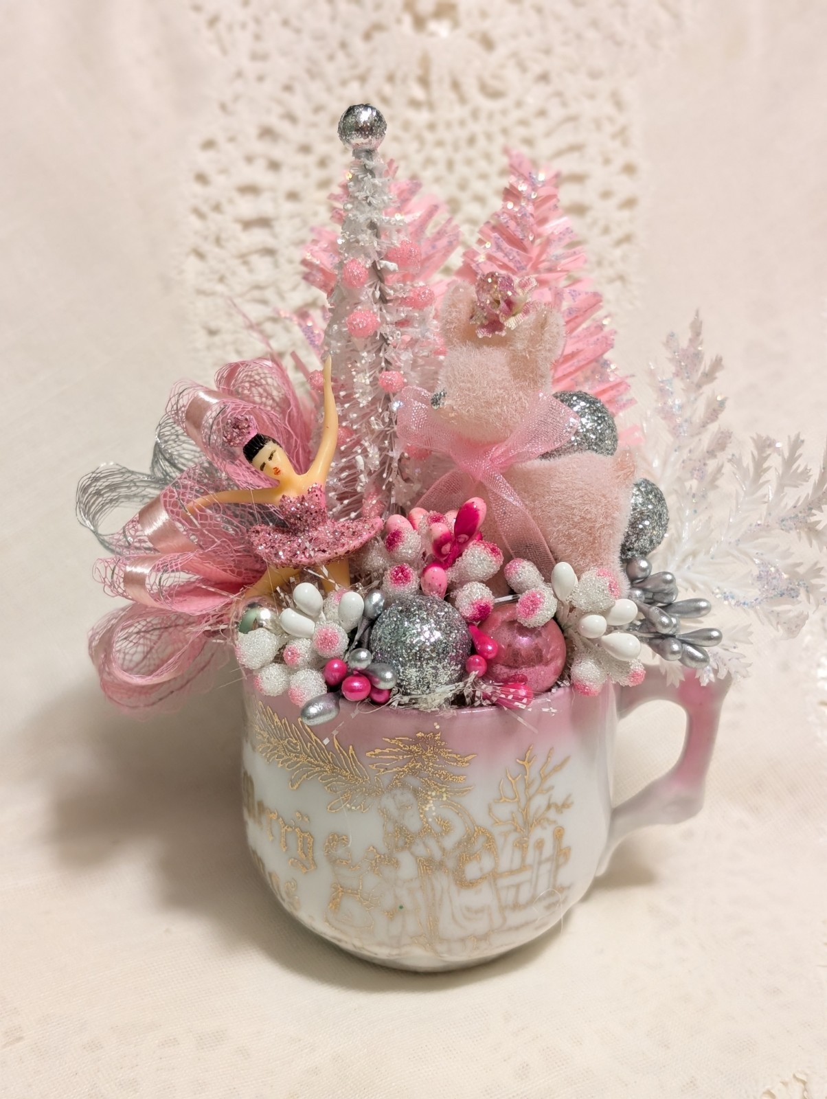 Vintage Pink Handmade Christmas Assemblege Ceramic Cup Flocked Deer Ballerina 