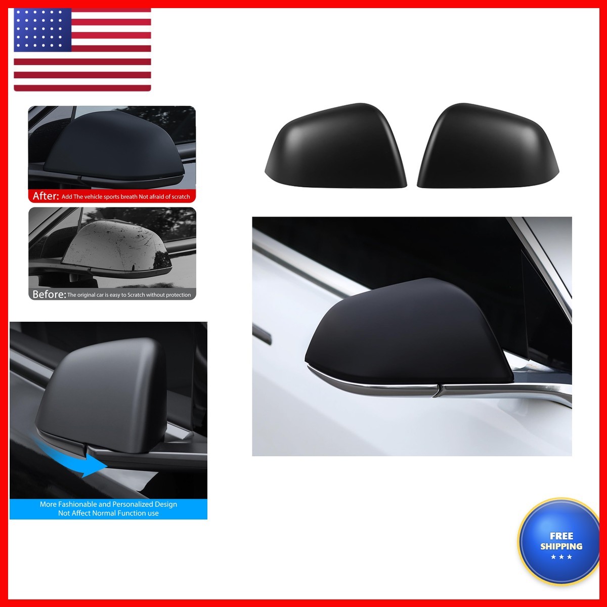 YJMOTOR Side Mirror Covers for Tesla Model 3 2017-2024 2Pcs Matte Black Left