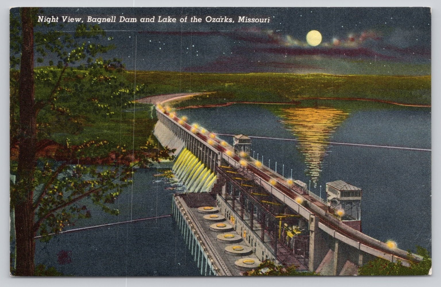 Vintage Bagnell Dam Lake of the Ozarks MO Night View Curteich Postcard 1930s Vintage Bagnell Dam Lake of the Ozarks MO Night View Curteich Postcard 1930s