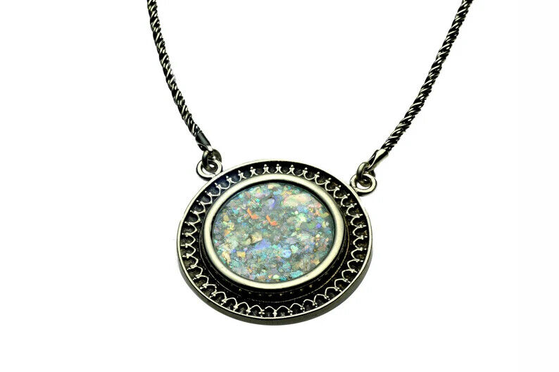 Archeological Israeli Roman Glass Pendant Necklace in Real 925 Sterling Silver
