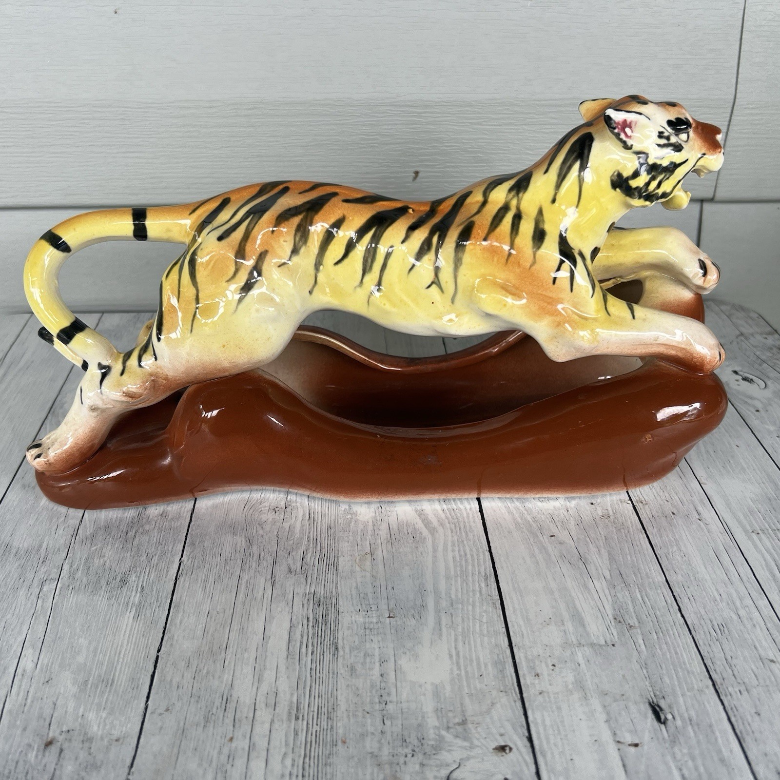 Vintage MCM  Prowling Tiger Statue Ceramic Cat Maximalist Kitsch Figurine