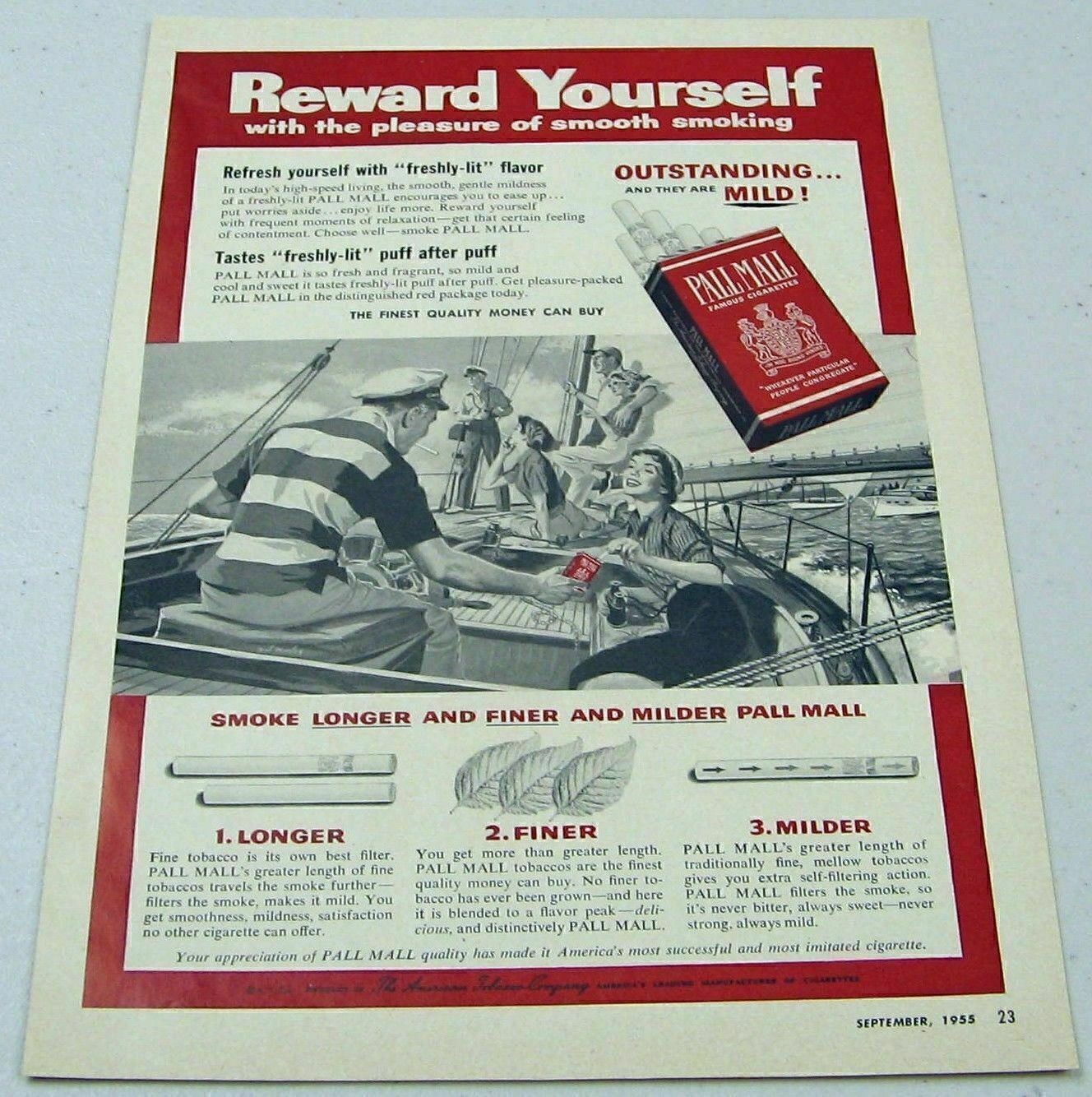 1955 Print Ad Pall Mall Cigarettes Men & Women on Sail Boat