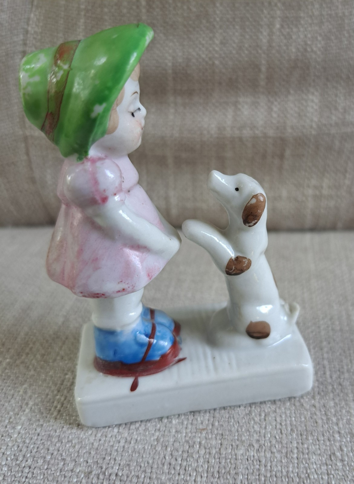 VTG Made in Japan Girl w/ Spotted Dog Figurine Miniature Hand painted Porcelain 