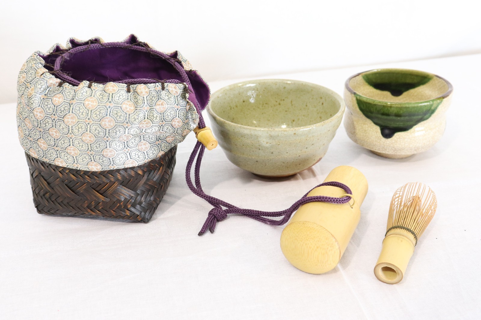 Japanese Vintage Nodate Portable Tea Ceremony Set Chawan Chasen Bamboo Basket Ba