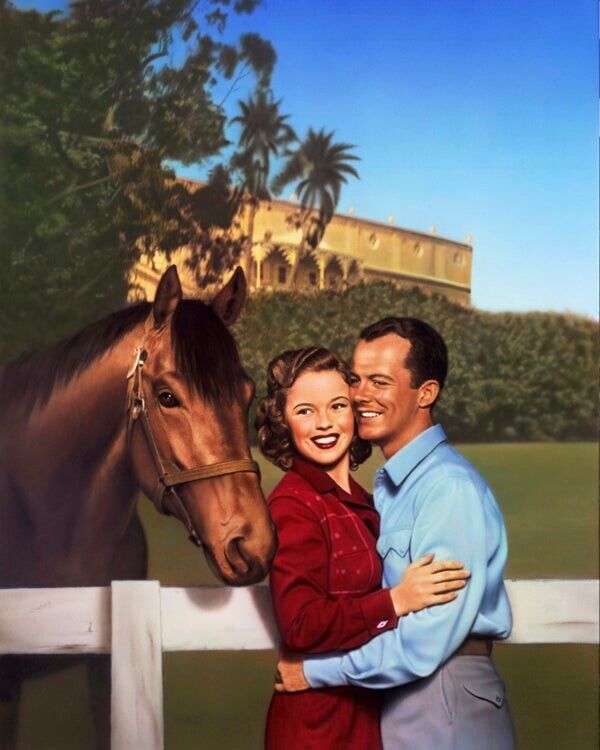 Story of Seabiscuit Shirley Temple embracing Lon McCallister 8x10 Color Photo
