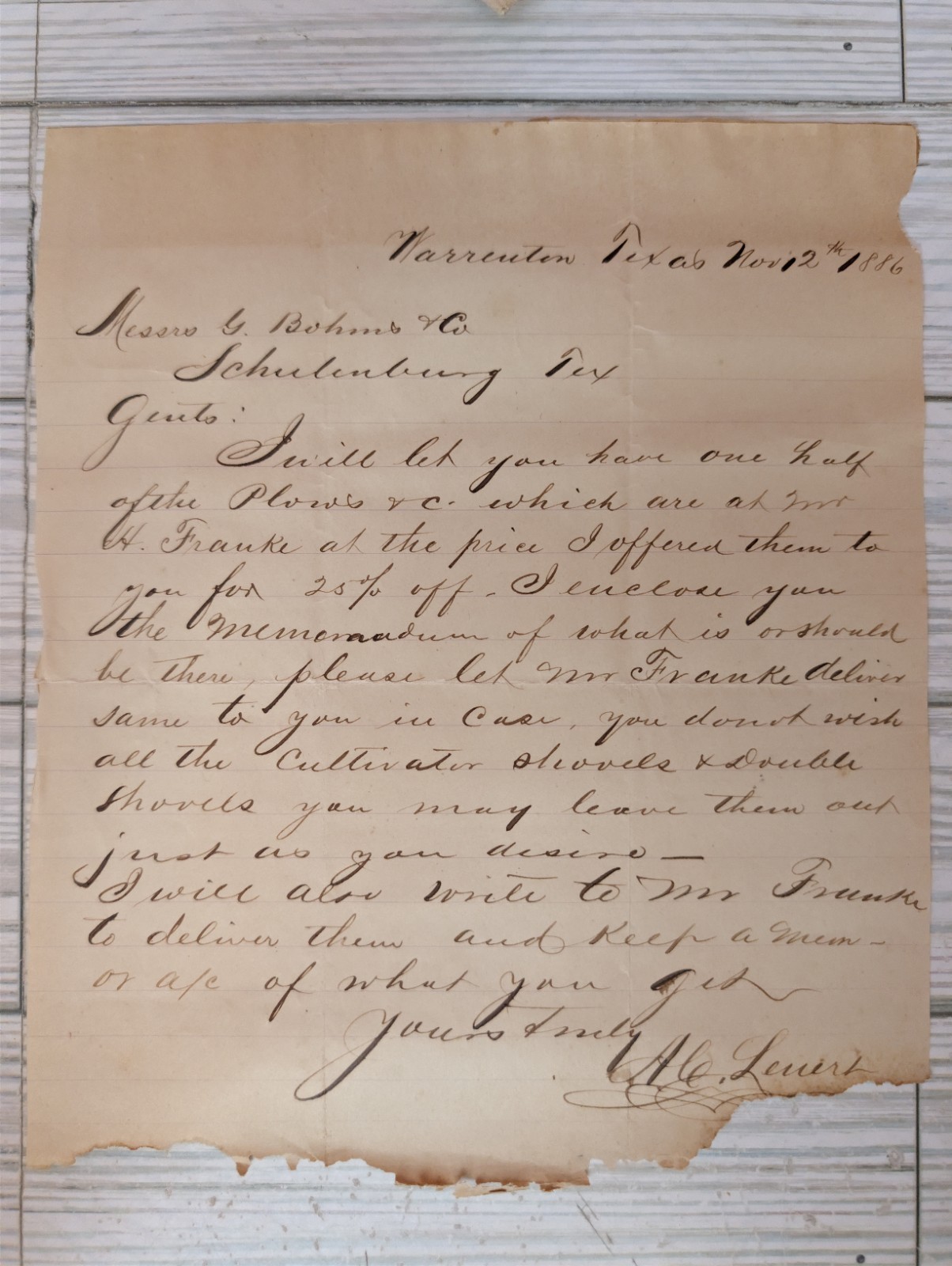 1886 A. Lenert Warrenton Texas Manuscript Letter G. Bahns Schulenburg Plow Sale