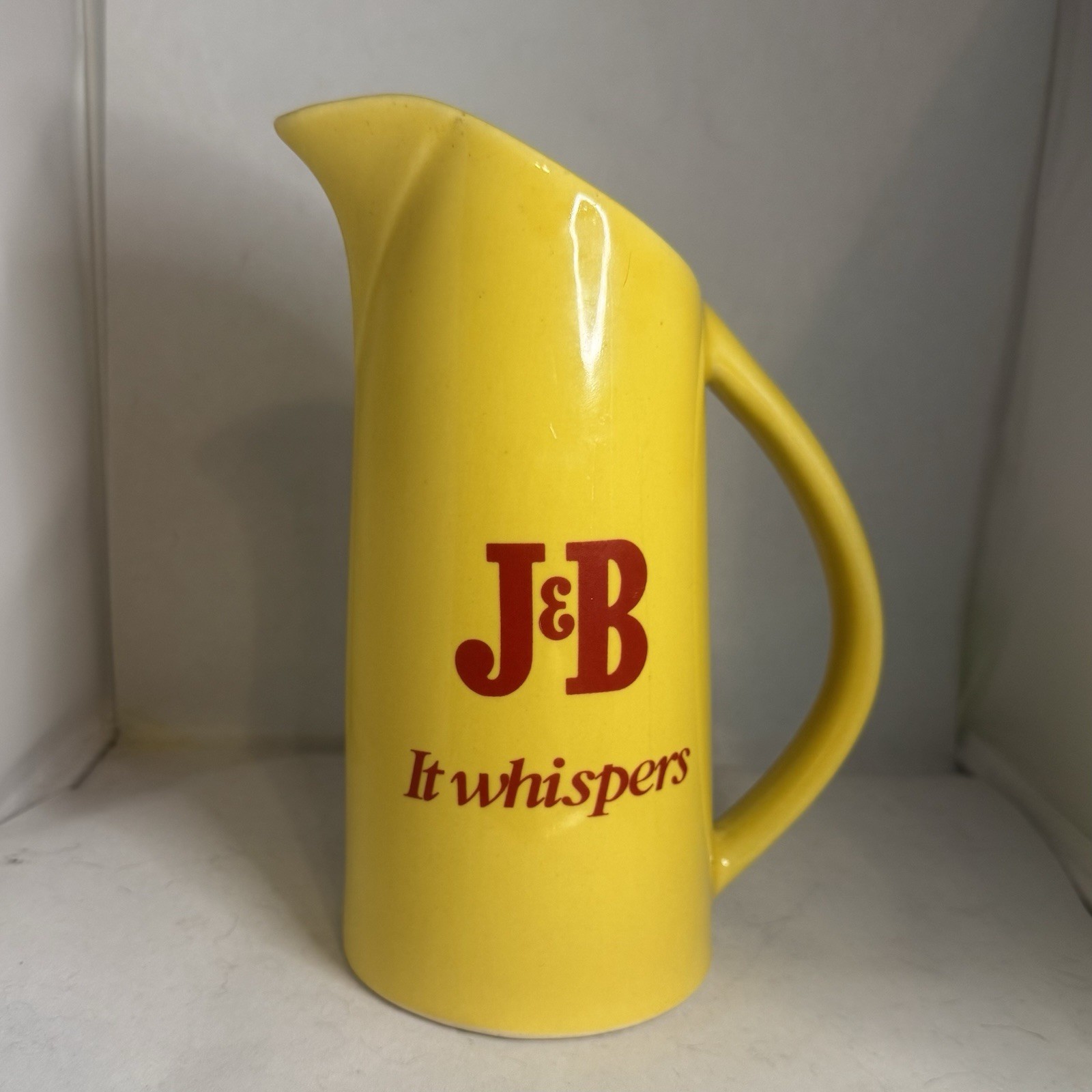 Vintage J&B Scotch Whiskey Pitcher Yellow With Red Logo It Whispers 6-7.75” Tall