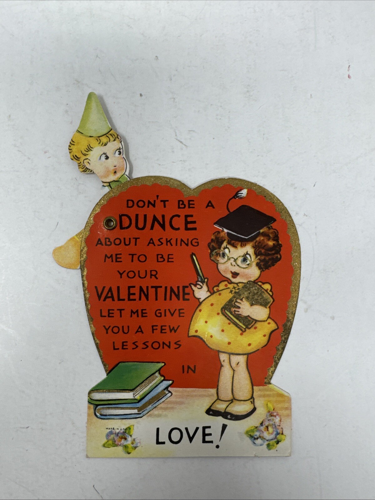 Vintage Valentine Mechanical Dunce Teacher Student Card Made in USA