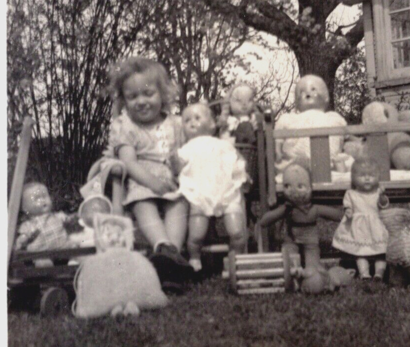 1940\'s Photo Cute Girl With Her Creepy Baby Dolls Toys