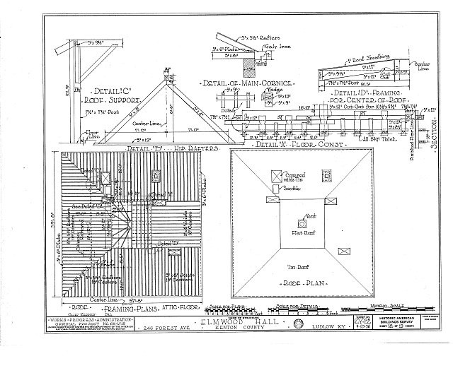 Photo:Ludlow KY Elmwood Hall 1900s HABS architectural roof framing plans