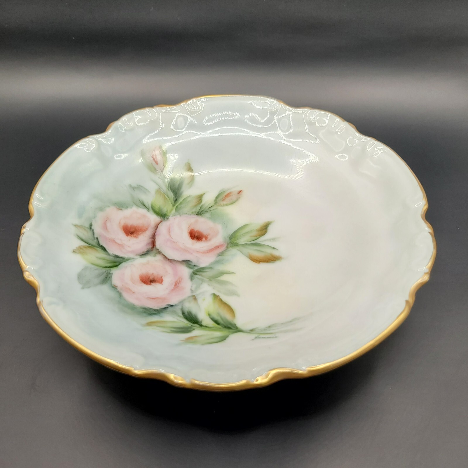 Porcelain Hand Painted Floral Trinket Dish Bowl Gold Rim Footed Vintage Signed