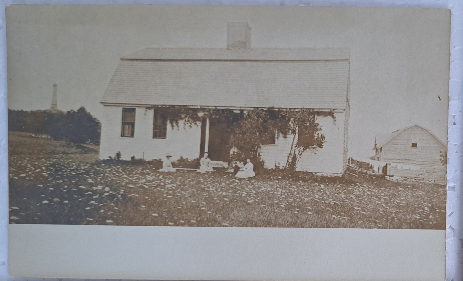 Antique RPPC Real Photo Postcard Early 1900's Small House People Gathered on Law