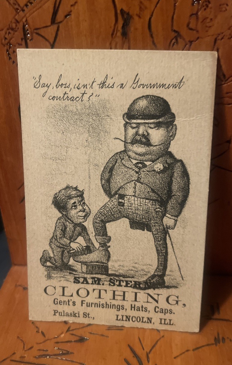 1880 Victorian Trade Card Sam Stern Gents Hats Caps Lincoln IL Political Satire 