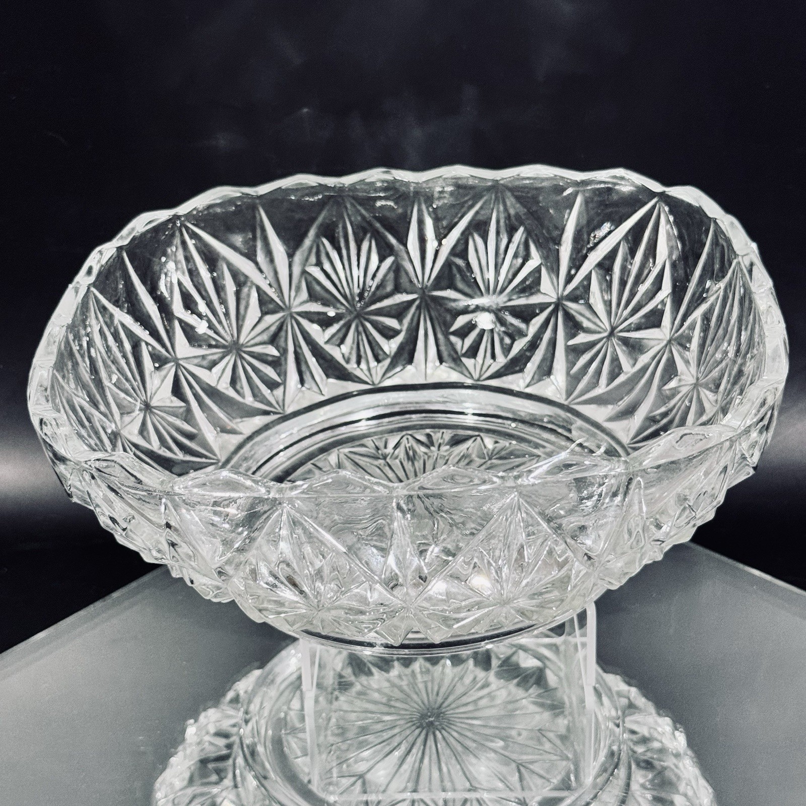 VIntage EAPG Clear Pressed Glass Square Serving Bowl Starburst & Diamond Pattern
