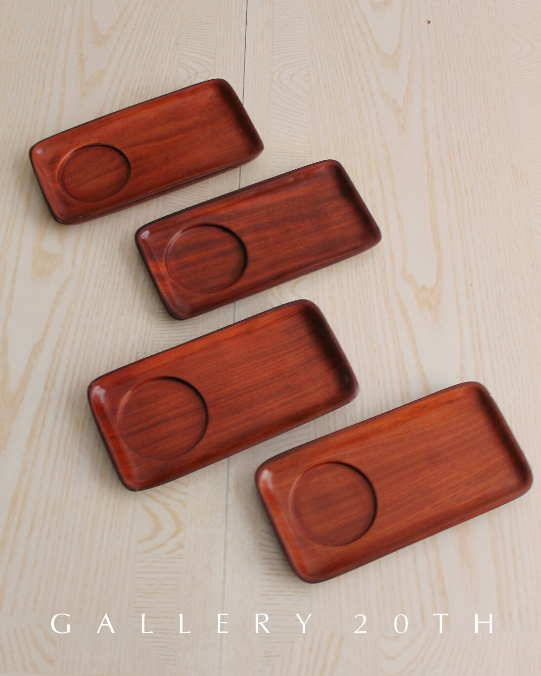 RARE 4 MAHOGANY COASTER TRAYS MID CENTURY MODERN PLATES VTG WOOD 50s 60s DISH