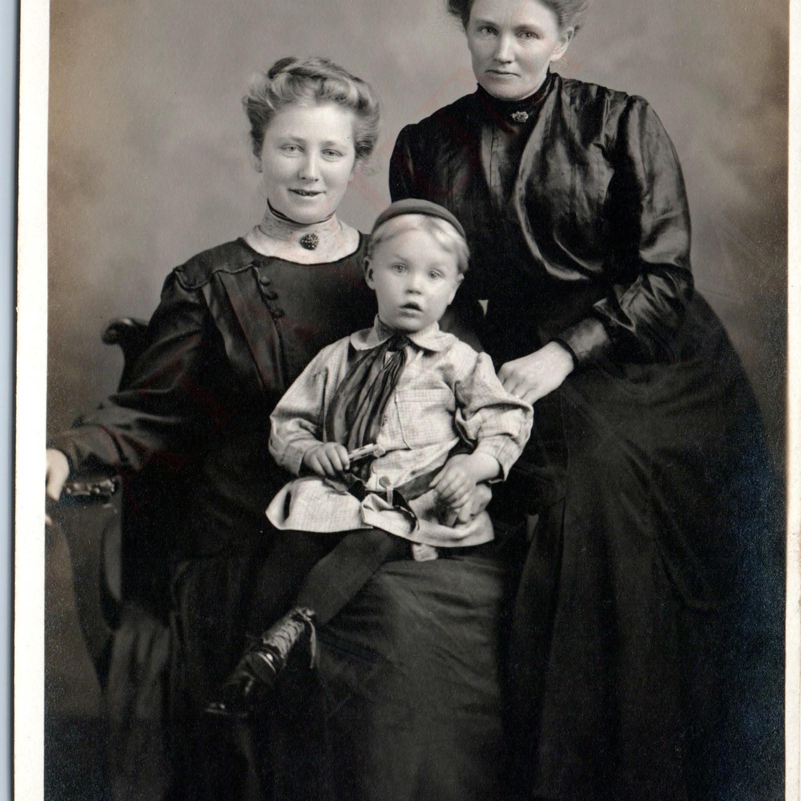 c1910s Two Young Women & Little Boy RPPC Family Portrait Antique Postcard