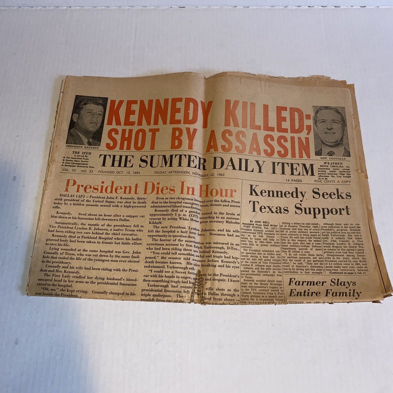 Vtg JFK President John F. Kennedy ASSASSINATION Headline 1963 Carolina Newspaper