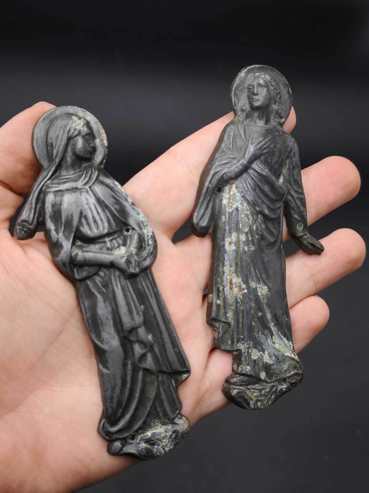 Antique Bronze Appliques of the Virgin Mary & St. John Crucifixion Group Figures