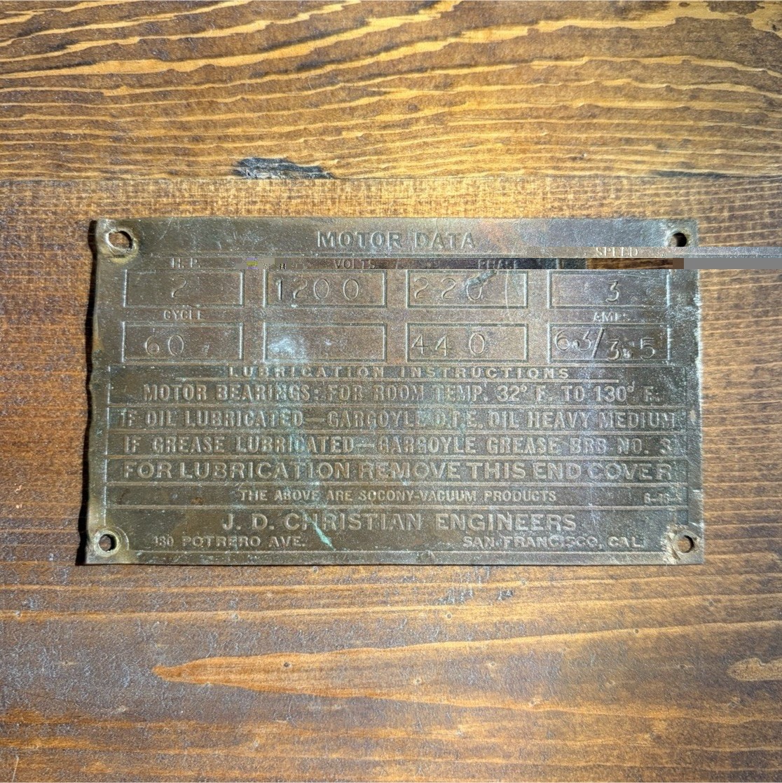 Antique J.D. Christian Engineers Brass Motor Data Nameplate Tag San Francisco CA