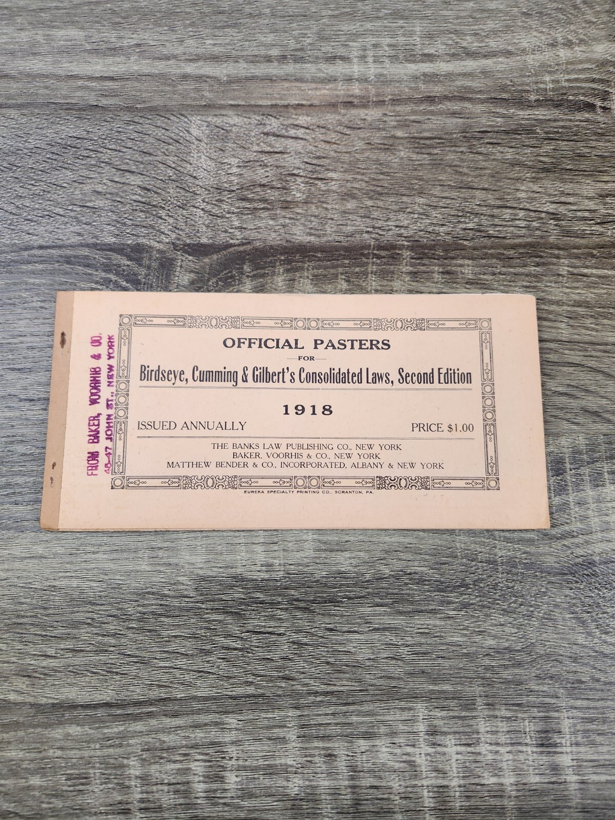 Vtg 1918 Official Pasters Consolidation Laws Booklet The Banks Law Publishing