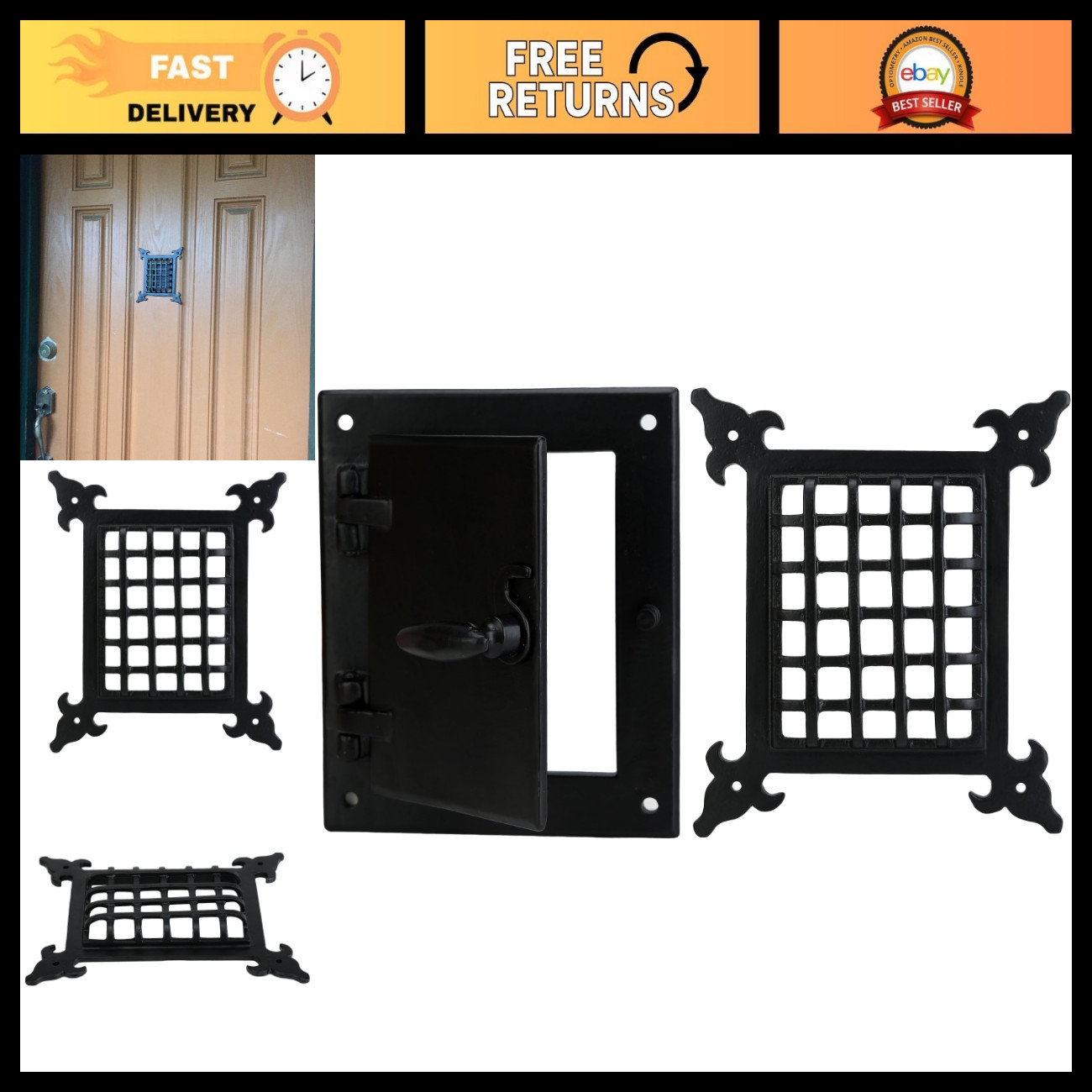 Cast Iron Speakeasy Door Grill with Viewing Window, Black Powder Coated, Medium Cast Iron Speakeasy Door Grill with Viewing Window, Black Powder Coated, Medium