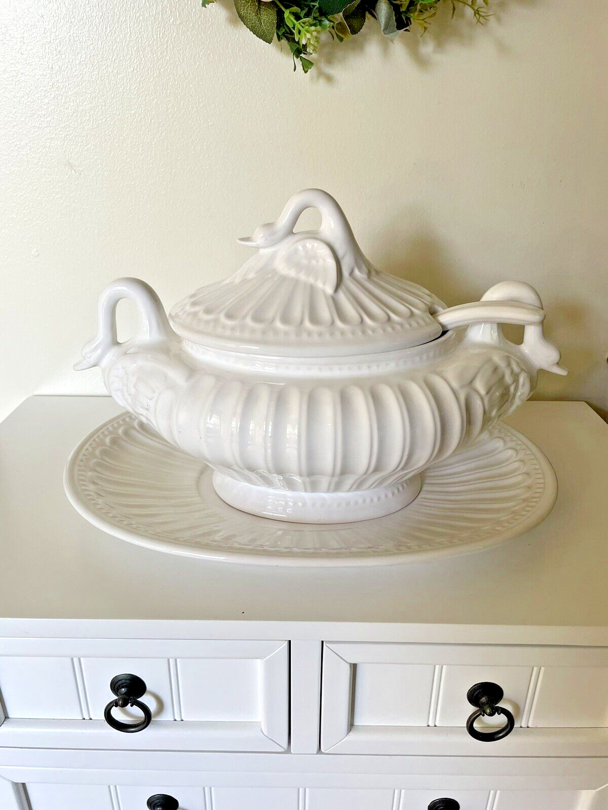 Vintage Porta Swan Ceramic Soup Tureen, lid, Ladle, Under Plate Bird Porcelain
