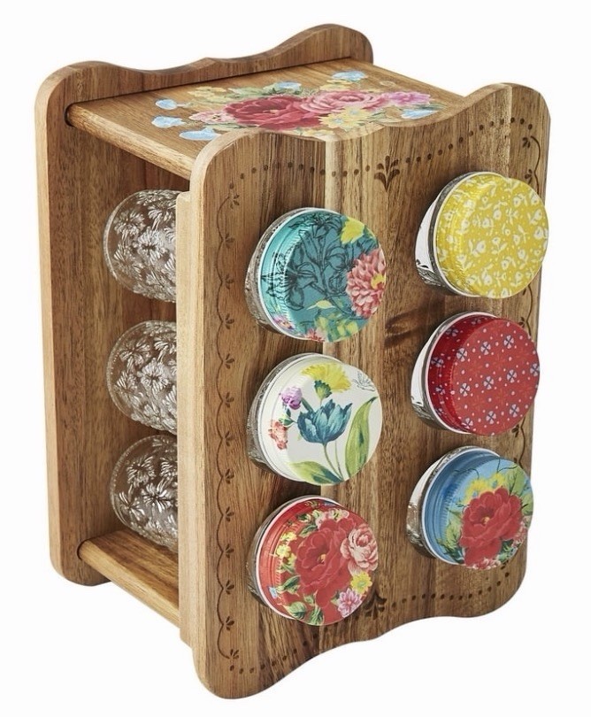 Pioneer Woman Spice Rack Glass Jar Set 7pc Wildflower Whimsy Floral Acacia Wood