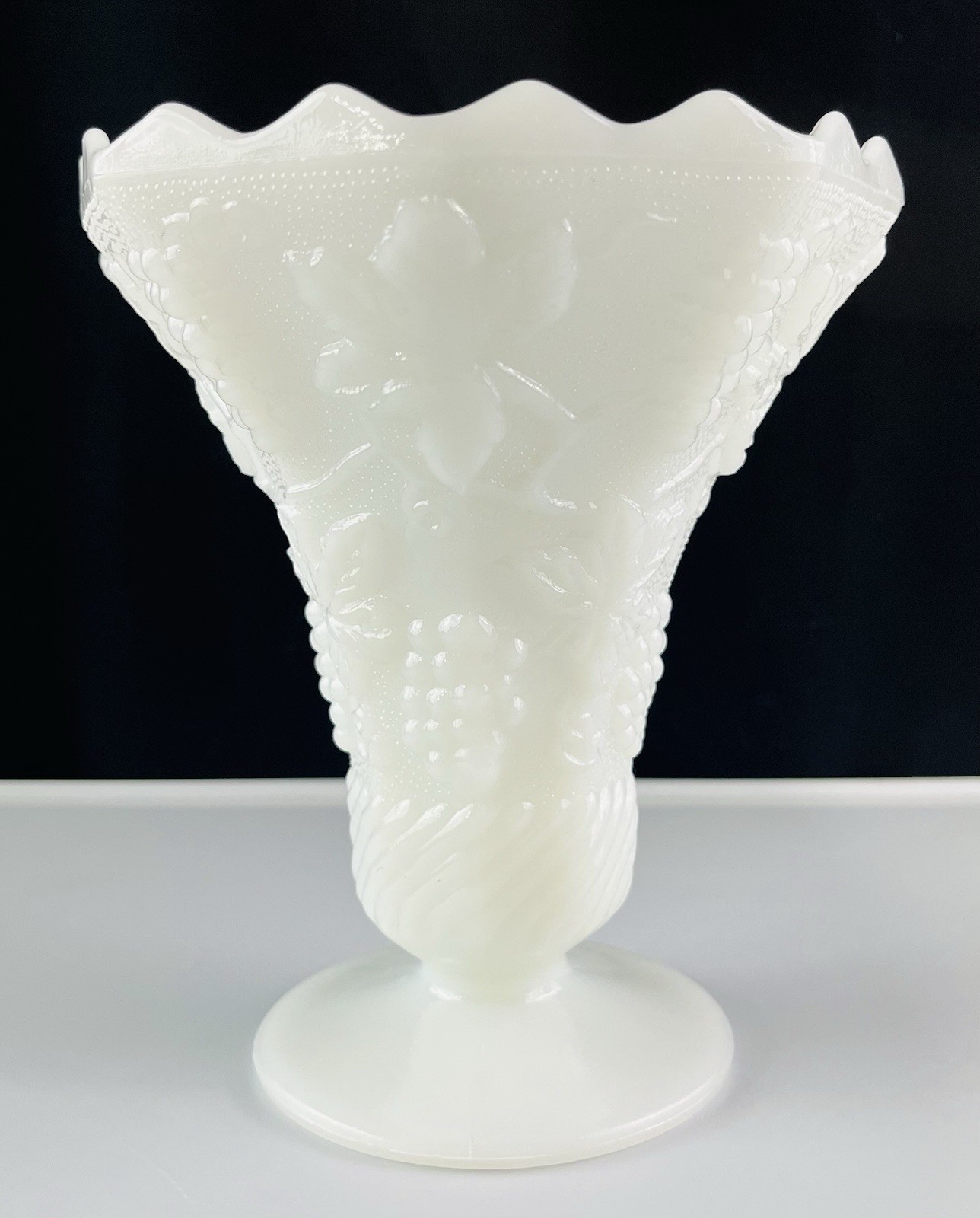 Milk Glass Grape & Vine Embossed Footed Trumpet Vase Centerpiece