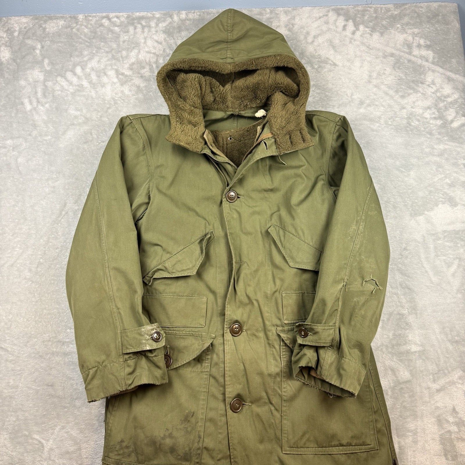 Vintage M47 40s Military WW2 Army Fleece Pile Parka Overcoat Hooded Jacket Small