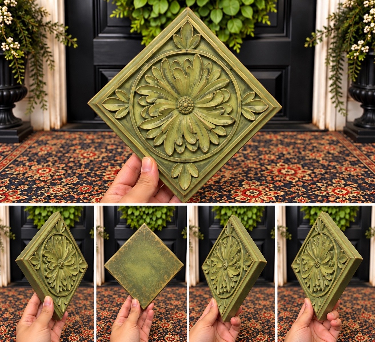 Green embossed floral ceramic tile trivet Green embossed floral ceramic tile trivet