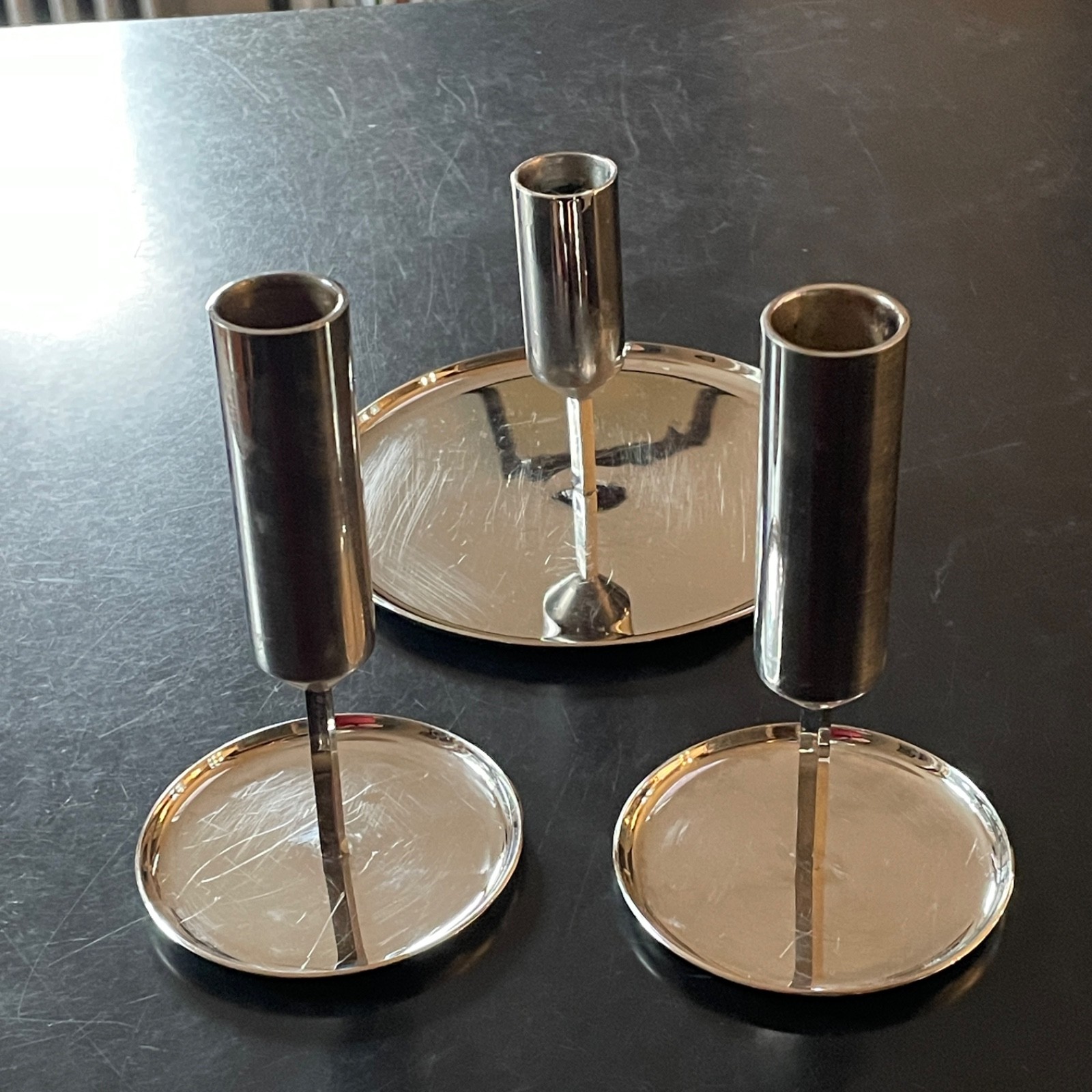 Set of 3 Georg Jensen Candle Holders Polished Stainless Used Condition 2 Matches