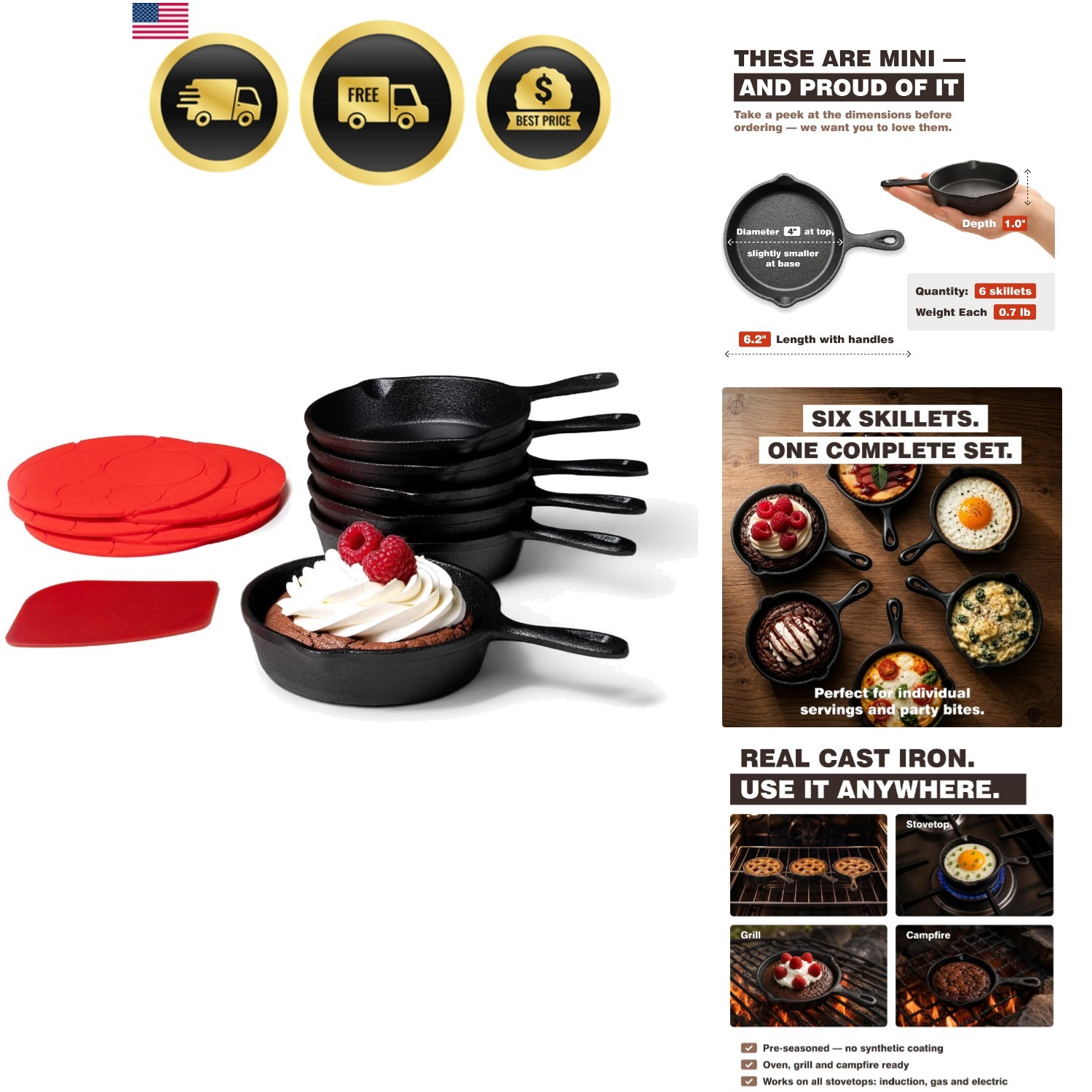 Mini Cast Iron Skillet Set of 6, Cookie Skillets, Pre-Seasoned 4 In