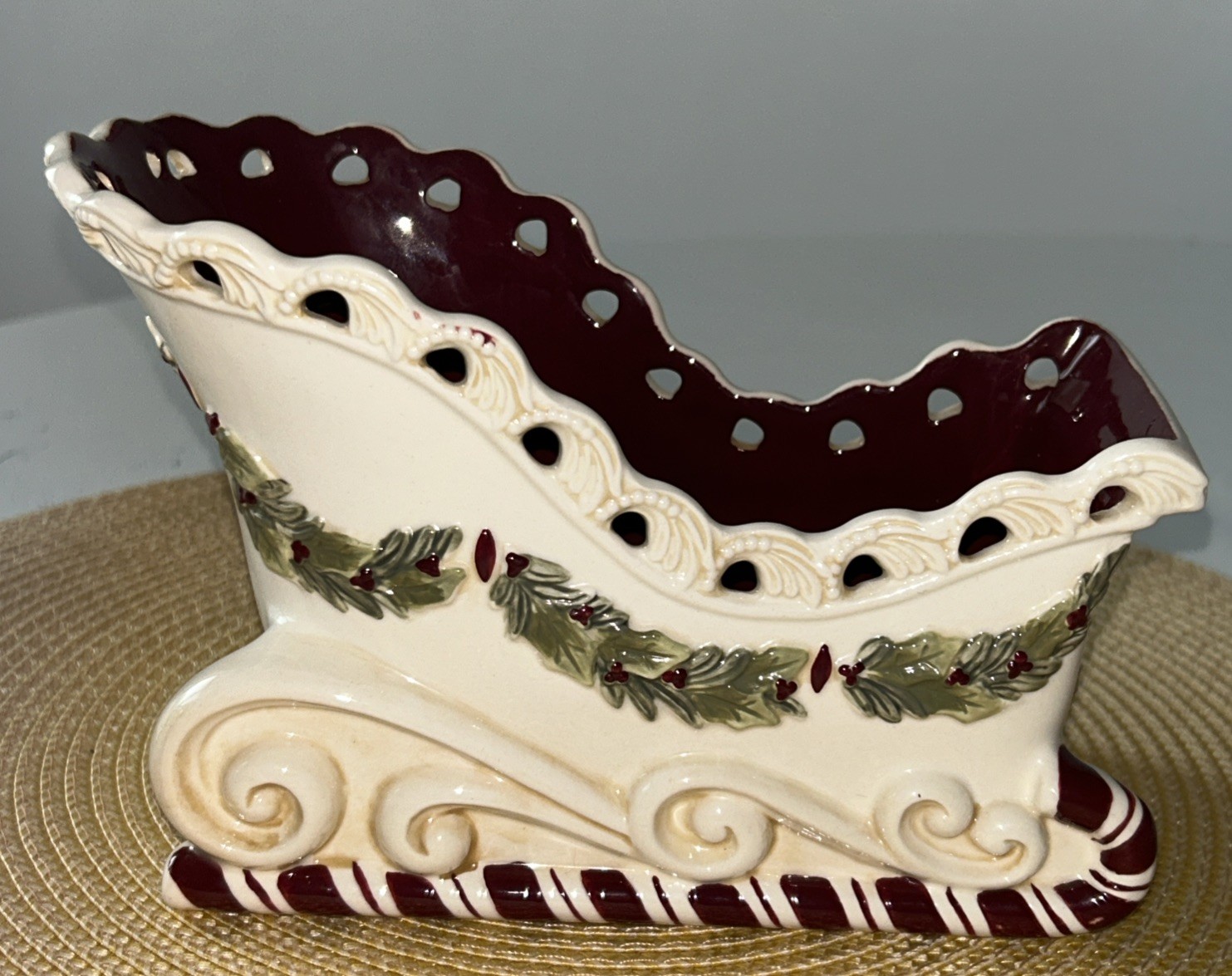 Grasslands Road Ceramic Sleigh Planter Candy Dish Centerpiece Winter Setting 5”H