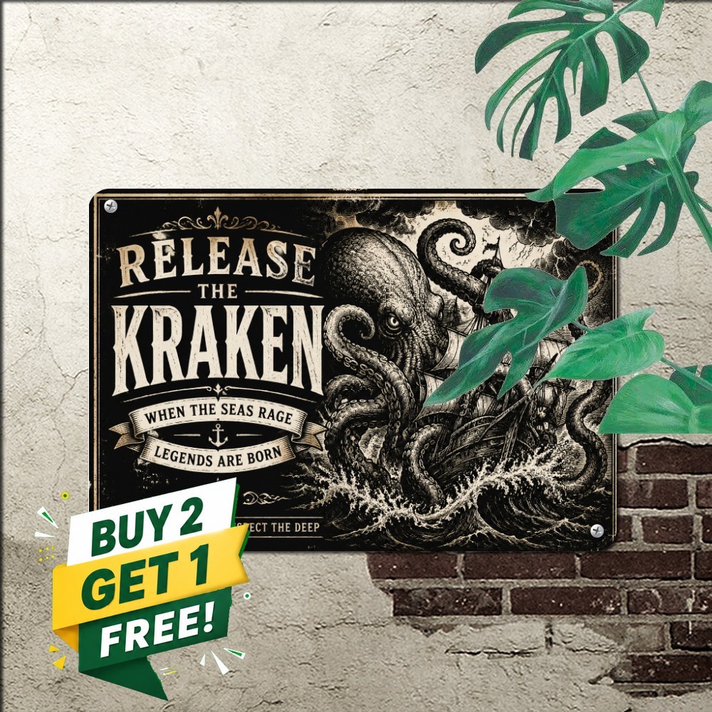 Release The Kraken Ocean Sea Monster Nautical Decor Metal Tin Sign 8x12 In