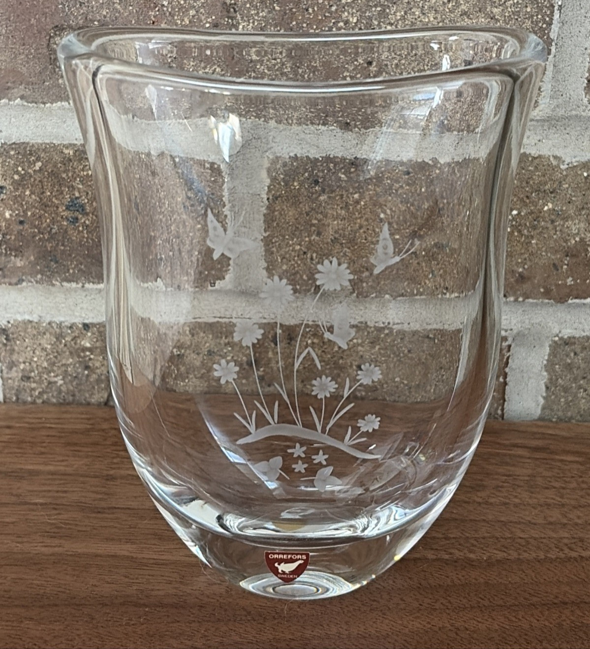 ORREFORS Signed Numbered Crystal Vase Etched Butterflies & Flowers H 6.5”