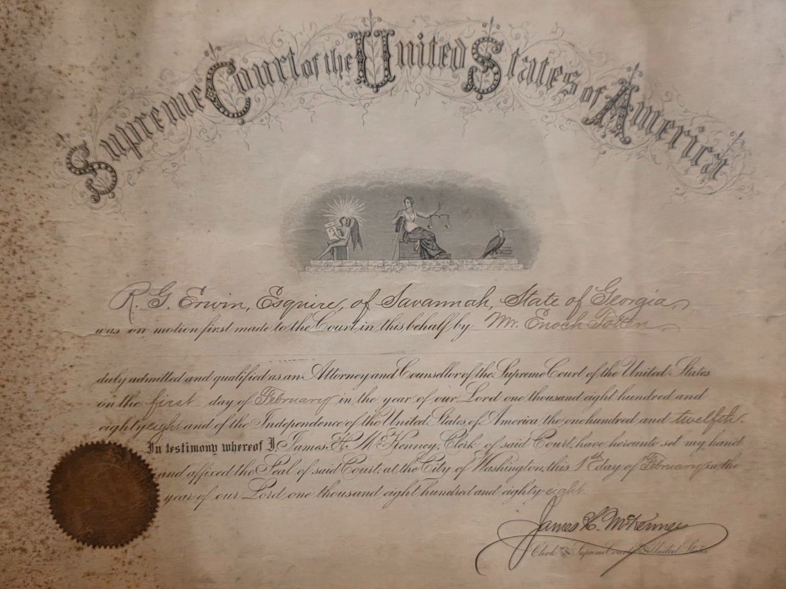 1888 U.S. Supreme Court Bar Admission Certificate R.G. Erwin Savannah GA Framed