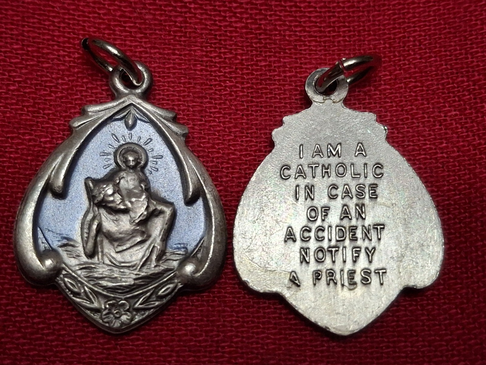 Vintage St Christopher medal Blue Enameled NEW 1960s Catholic Call A Priest