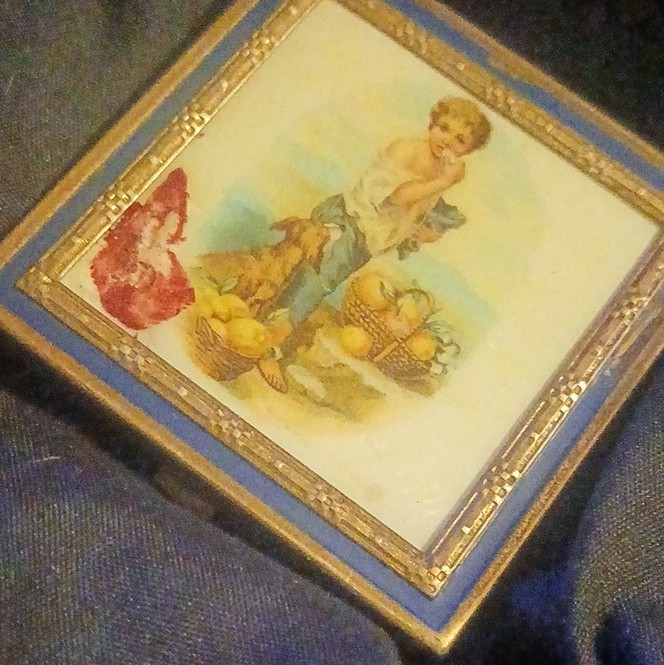 Vintage Blue Gold Foundation Makeup Compact Floral Child Artwork Ornate